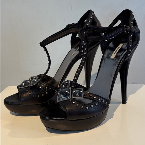 Miu Miu Shoes - Miu Miu Prada Nappa Washed Jeweled T-Strap Platform Sandals Peep Toe Pumps 39.5
